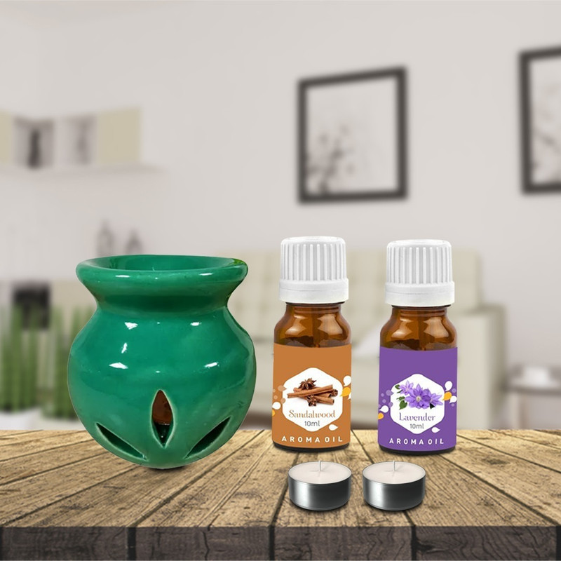 PEEPRESION Air Diffuser With T-Light & Lavender Sandalwood Aroma Oil (10ml Each) Scented Air Diffuser For Home, Office, Temple, Bedroom, Club, Studio, Parlour Diffuser(Green)