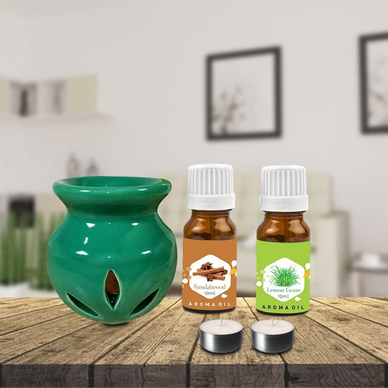 PEEPRESION Home Décor Air Burner With T-Light & Lemongrass Sandalwood Oil (10ml Each) Scented Air Diffuser For Home, Office, Temple, Bedroom, Club, Studio, Parlour Diffuser(Green)