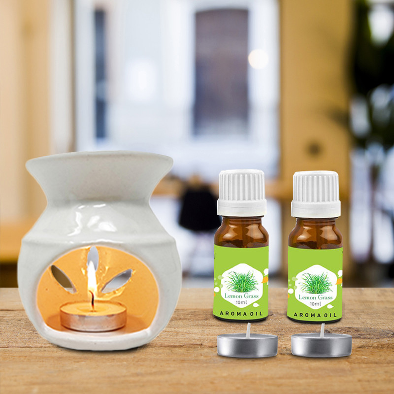 PEEPRESION Ceramic White T Light Holder With 2can & 2Lemongrass Aroma Oil (10ml Each) Scented Air Diffuser For Home, Office, Club, Studio, Bathroom, Study Table, Gym Diffuser(White)