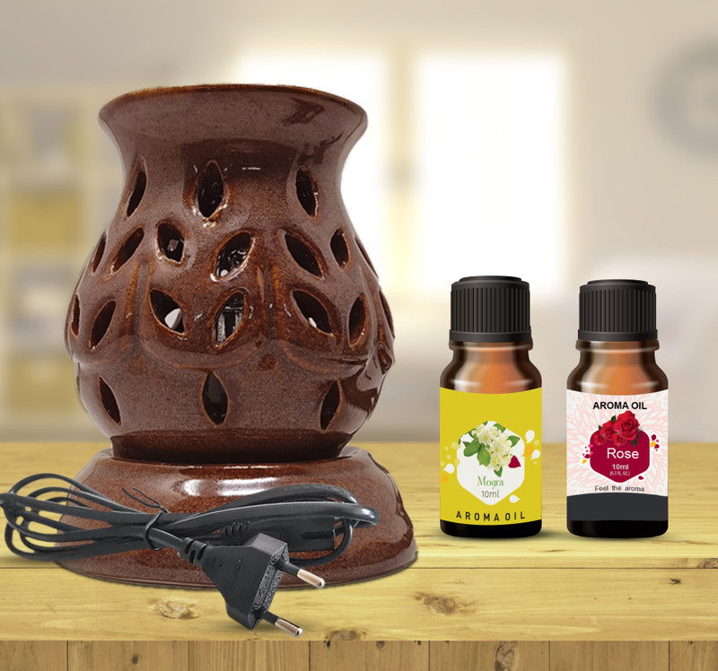 PEEPRESION Ceramic Electric Fragrance Diffuser Oil Burner Mogra and Rose 10 ml Each Home, Office, Yoga, Bedroom Diffuser(Brown)
