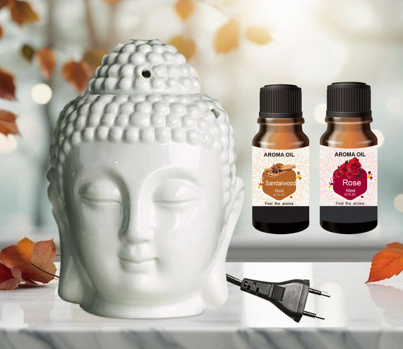 PEEPRESION Air Freshner Electric Buddha & 2 Bottel Scented Sandalwood,Rose Aroma Oil (10ml Each), Fragrance Your Home, Hotel, Bedroom, Club, Office, Relaxation, Body, Mind,Stress. Diffuser(White)