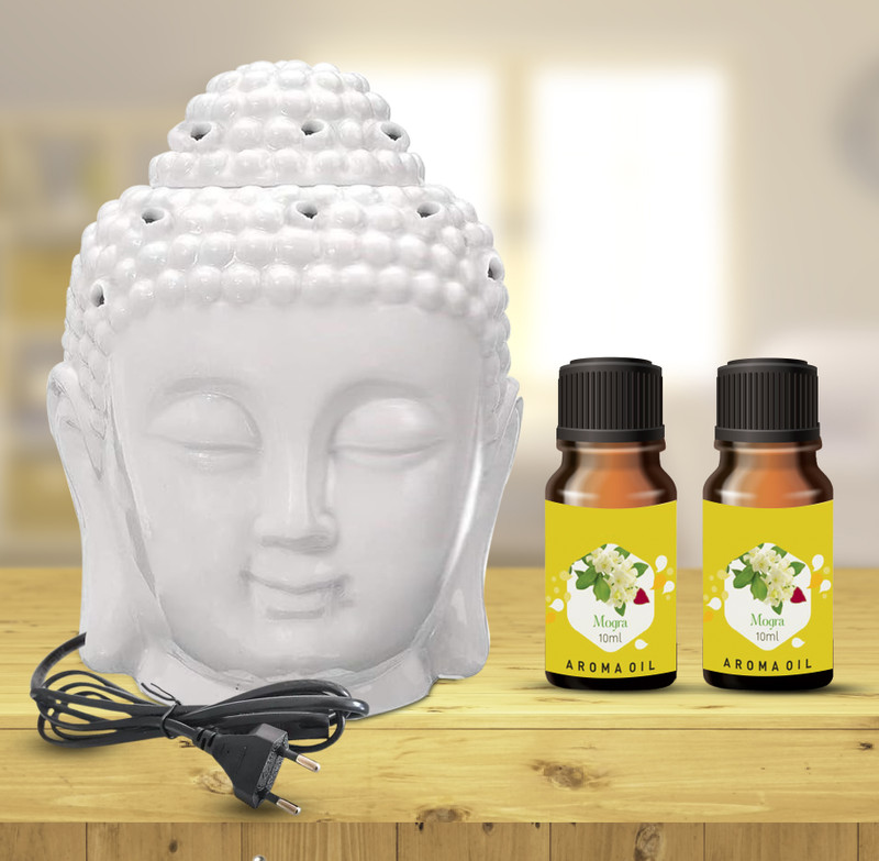 PEEPRESION Ceramic Electric Buddha Diffuser Lamp Light with 2 Mogra Aroma Oil 10ml Each Home Fragrance Diffuser(White)