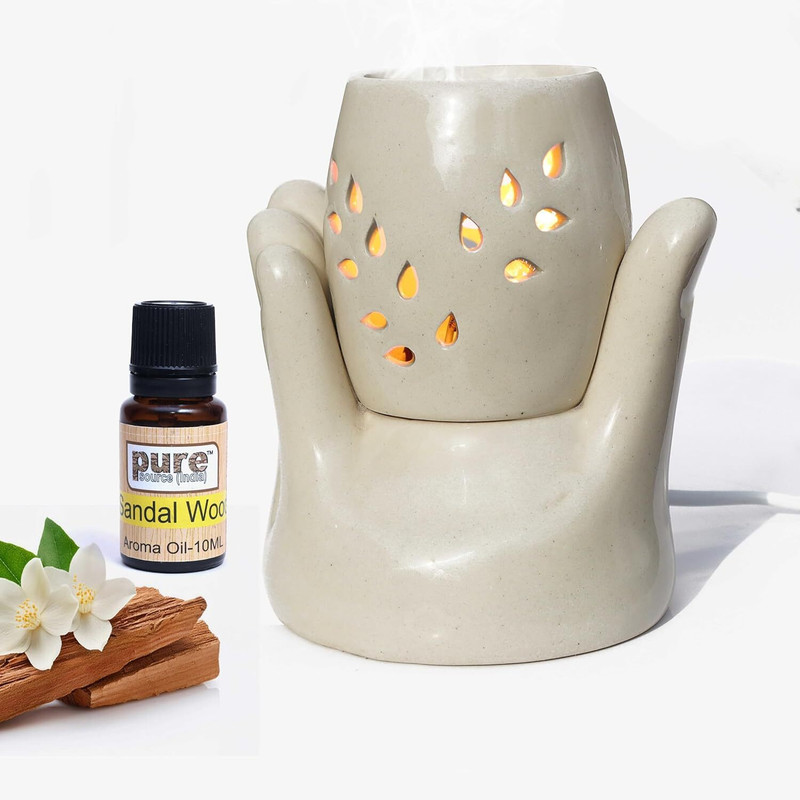Pure Source (India) Ceramic Hand Shape Electric Diffuser Light Lamp (5.5 Inch) (10ml Sandalwood) Home, Office, Living Room, Gifting Purpose Diffuser(White)