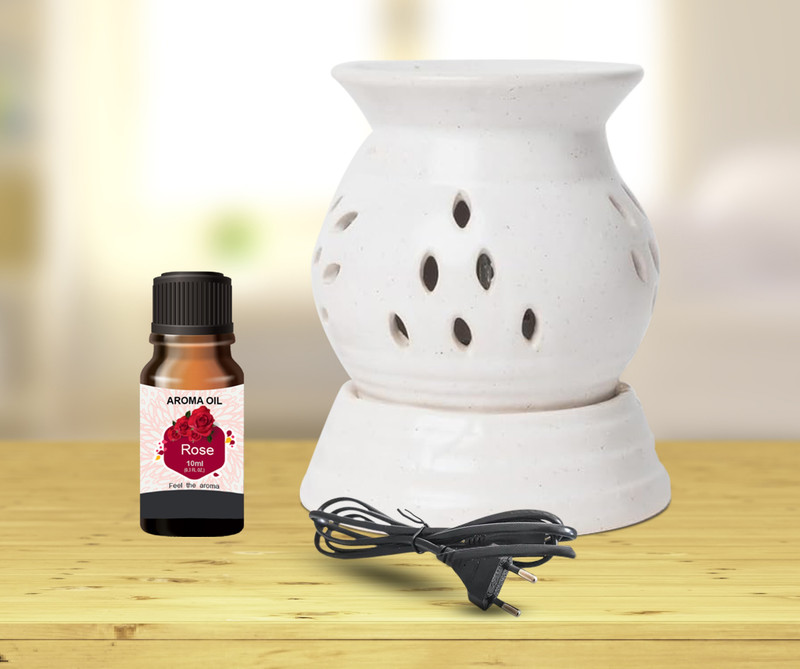 PEEPRESION Electric Matka Round Oil Diffuser With 1 Rose Aroma Oil (10ml Each) Night Lamp | Home, Office, Spa, Bedroom, Club, Temple, Pub Bar, Gym Diffuser(White)