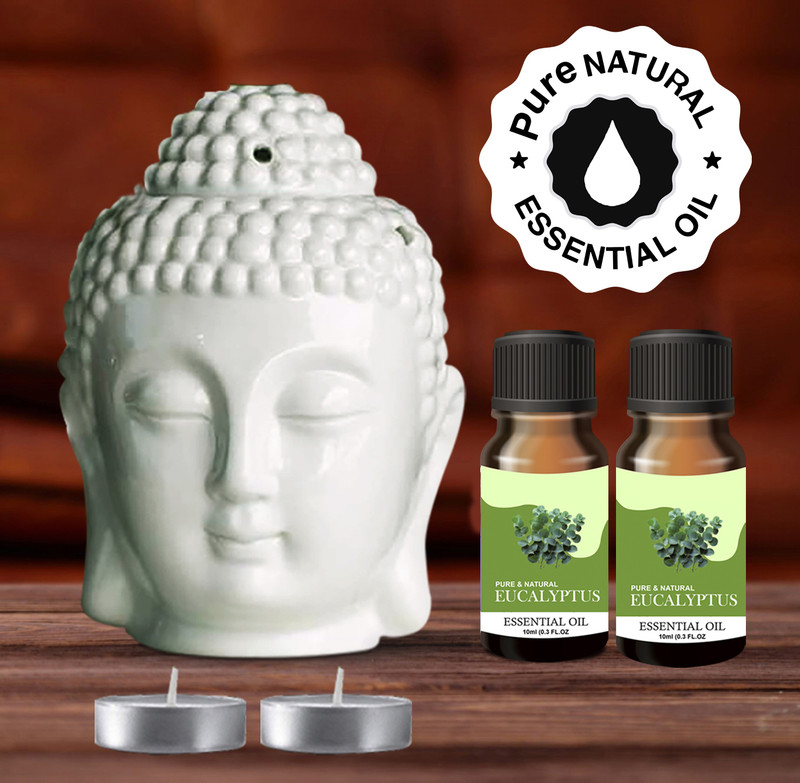 PEEPRESION Home Decor Oil Buddha Ceramic Diffuser & 2 Eucalyptus Pure Natural Essential Oil (10ml Each), Fragrance Your Home, Hotel, Bedroom, Club, Office, Relaxation, Body, Mind,Stress. Diffuser(White)
