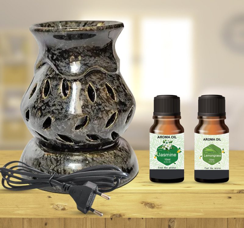 PEEPRESION Electric Ceramic Aroma Oil Diffuser with Lemongrass & Jasmine Oils (10ml Each) Suitable For| Home, Office, Spa, Bedroom, Club, Temple, Pub Bar, Gym, Conference Hall, Studio Diffuser(Black)
