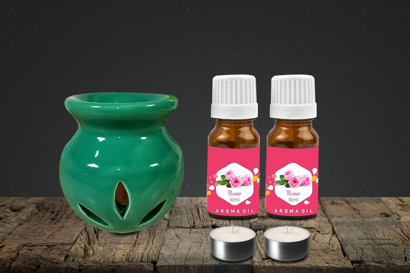 PEEPRESION Ceramic Aroma Oil Burner With T-light & 2 Rose Scented Aroma Oil(10ml Each) Home, Office, Spa, Hotel, Club, Etc Diffuser(Green)