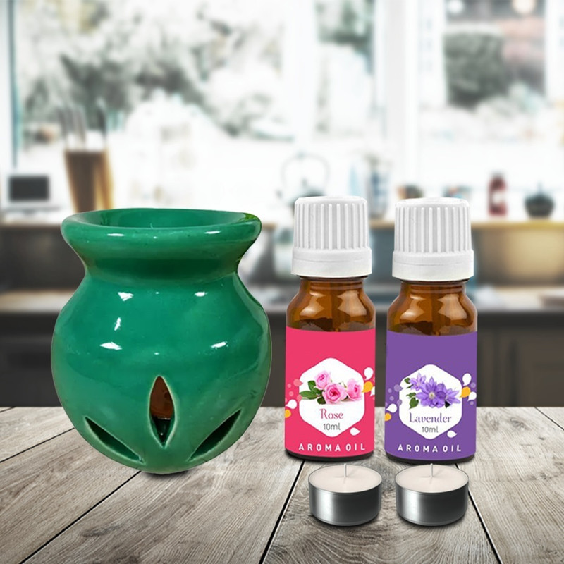 PEEPRESION Green Ceramic Oil Burner With Rose, Lavender Aroma oil (10ml Each) Scented Air Diffuser Uses For Home, Office, Club, Studio, Conference Hall, Study Table Diffuser(Green)