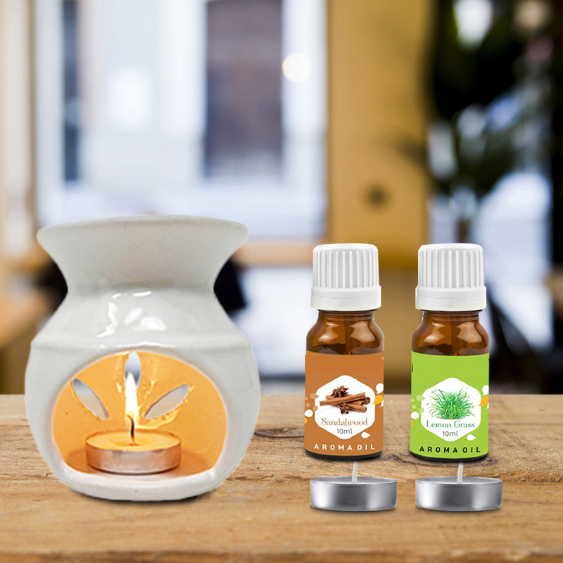 PEEPRESION White Ceramic Aroma Oil Burner With Lemongrass & Sandalwood Aroma Oil(10ml Each) Uses for Home, Office, Spa, Hotel, Club, Gym, Conference Hall, Meeting Room Diffuser(White)