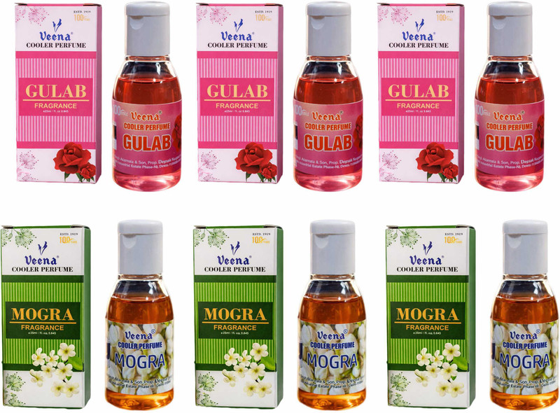 Veena Combo Cooler Perfume Gulab, Mogra Fragrance (25 ml) Pack of 6 Water Cooler, air cooler Diffuser(Multicolor)