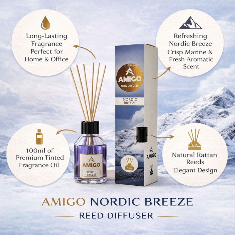 Amigo Reed Diffuser Nordic Breeze | Fresh Home Fragrance with Natural Rattan Sticks Home and Office Diffuser(Multicolor)