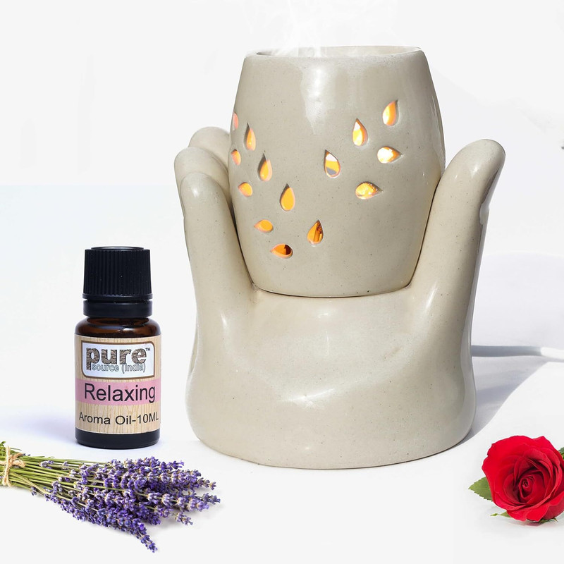 Pure Source (India) Ceramic Hand Shape Electric Diffuser Light Lamp (5.5 Inch) (10ml Relaxing) Home, Office, Living Room, Gifting Purpose Diffuser(White)
