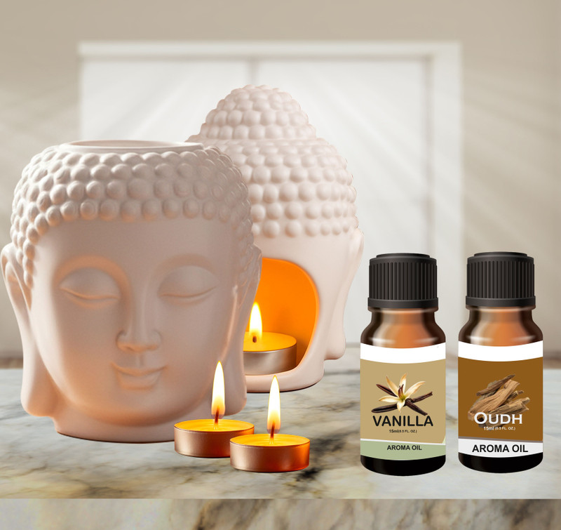 Peepalprint Buddha Head Ceramic Aroma Oil Burner | T-Light Holder Vanilla+Oudh(15ml ) Home Diffuser(White)