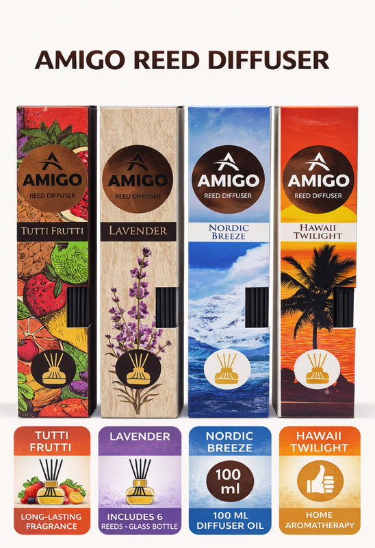 Amigo Reed Diffuser Pack of 4, Nordic Breeze, Lavender, Hawai Twilight & Tutti Frutti Home Fragrance Diffuser(White)