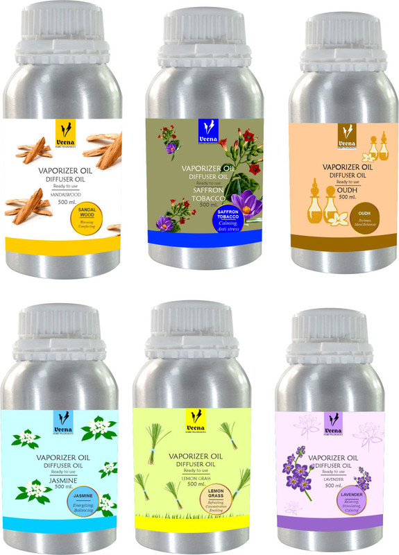 Veena Sandal, Lemongrass, Jasmine, Saffron, Coco Vanilla, Lavender Aroma Oil Diffuser Room, Bathroom, Garden, Pooja Ghar, Office, Bar Diffuser(Multicolor)