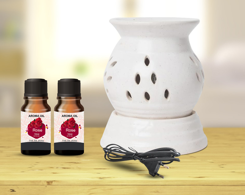 PEEPRESION Primium Matka Round Oil Diffuser With 1 Rose 1 Mogra Aroma Oil (10ml Each) Night Lamp | Home, Office, Spa, Bedroom, Club, Temple, Pub Bar, Gym Diffuser(White)