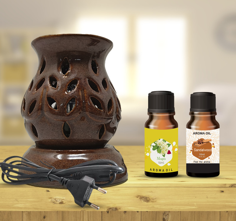 PEEPRESION Electric Diffuser Oil Burner With Sandalwood & mogra Scented Oil (10ml each) Home Diffuser(Brown)