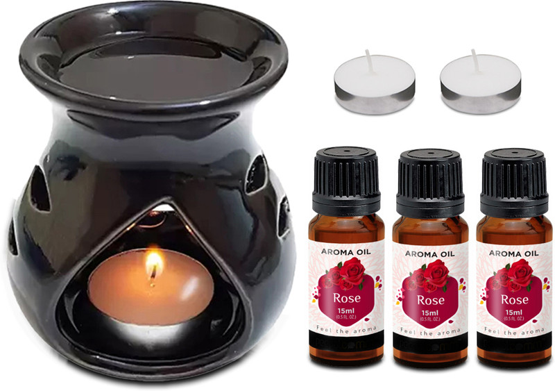 PEEPRESION Essential Oil Burner Diffuser With 2 T-light Candle & 3 Rose Scented Aroma Oil Home, Office, Spa, Hotel, Temple, Club, Pub Bar, Gym Diffuser(Black)