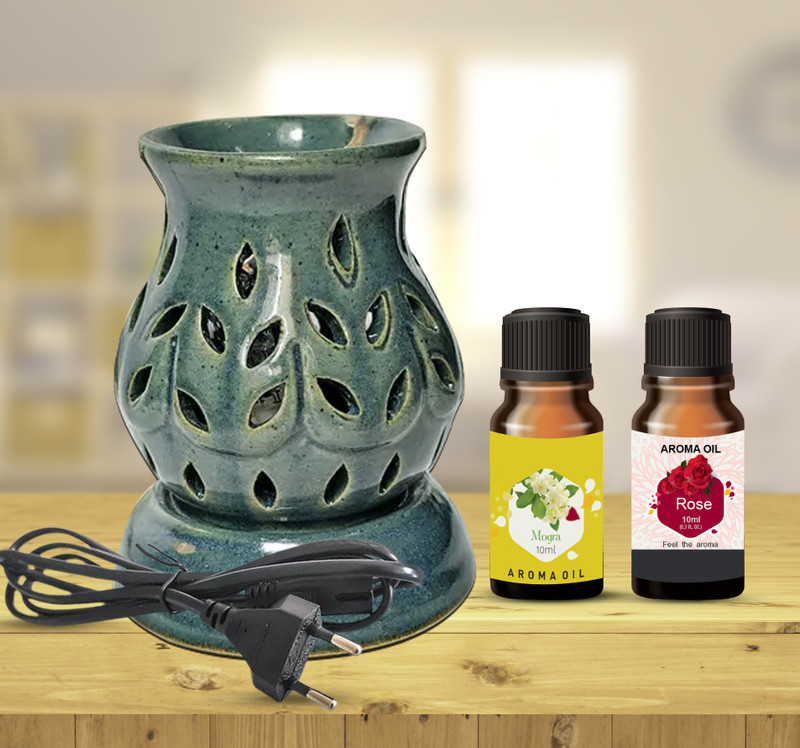 PEEPRESION Electric Diffuser Oil Burner Lamp With (10ml each)Mogra & Rose Fragrance Oil Gym, Spa, & office Diffuser Diffuser(Green)
