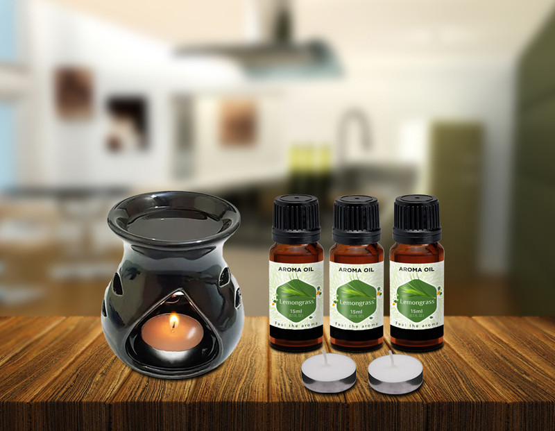PEEPRESION Long Burning Black Oil Burner With 2 T-light Candle & 3 Lemongrass Aroma Oil Home, Office, Spa, Hotel, Temple, Club, Pub Bar, Gym Diffuser(Black)