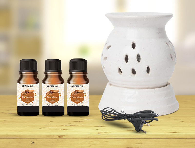 PEEPRESION A2-Round Electric Oil Diffuser With 3-Sandalwood Aroma Oil (10ml Each) Scented Aroma Oil Diffuser | Night Lamp For Home, Spa, Bedroom, Temple Diffuser(White)