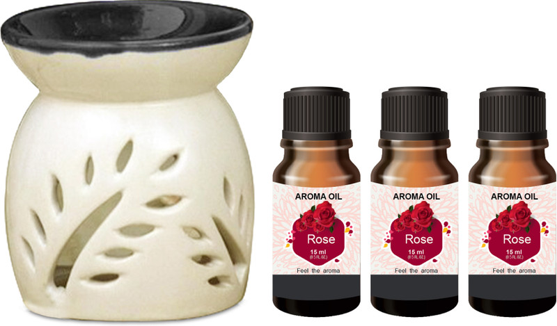 PEEPRESION Black Top Home Décor Burner with 3 Rose Aroma Oil (15ml Each) ! Uses For Bathroom, Office, Study Table, Parlour, Dinning Table, Temple Diffuser(Black)