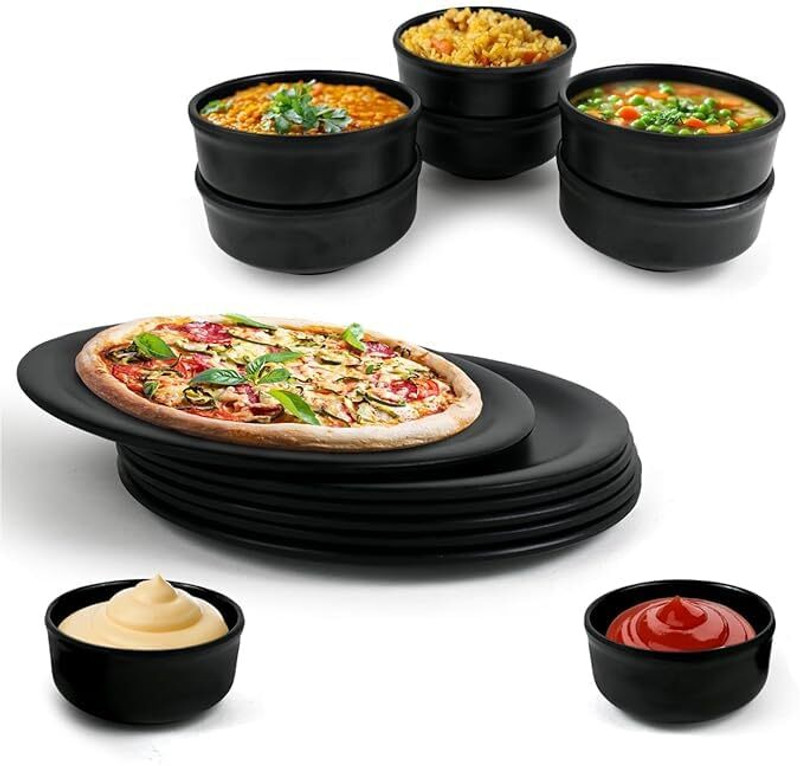 POOJARIYA Pack of 14 Ceramic Brand Black 14 Pcs Melamine Dinner Set | 6 Plates 6 Bowls 2 Dip Bowls Dinner Set(Black)