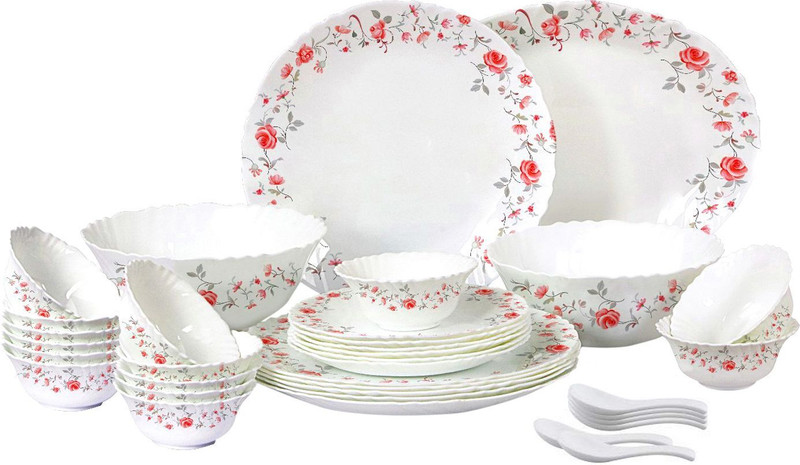 cello Pack of 33 Opalware Imperial Red Rose Fantasy Dinner Set(White, Microwave Safe)