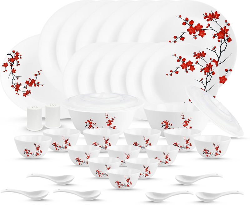 cello Pack of 37 Opalware discover a collection of light weight, break & chip resistant, cherry blossom Dinner Set(Red, Black, White, Microwave Safe)