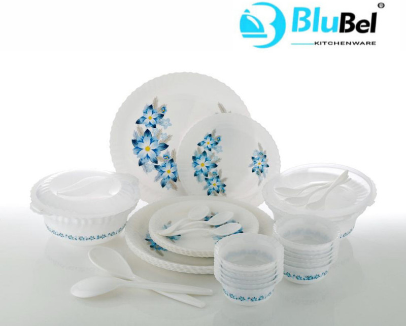 Blu Bel Pack of 36 Plastic Unbreakable Dinner Gift Set of Plastic 36 pcs Exclusive Printed (Print May Very) Dinner Set(Blue, Grey, Microwave Safe)
