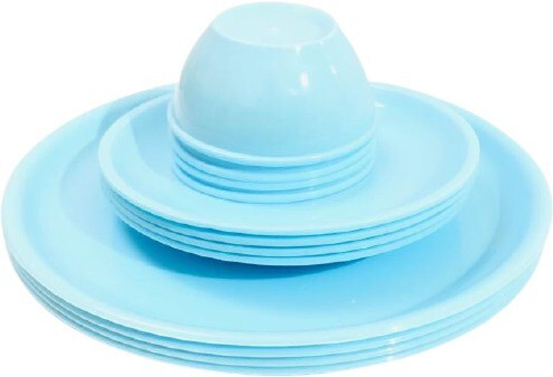 Kanha Pack of 9 Plastic Plastic Unbreakable 3 pcs Dinner Plates & 3 pcs quarter plate and 3 Bowls Set Dinner Set(Blue, Microwave Safe)