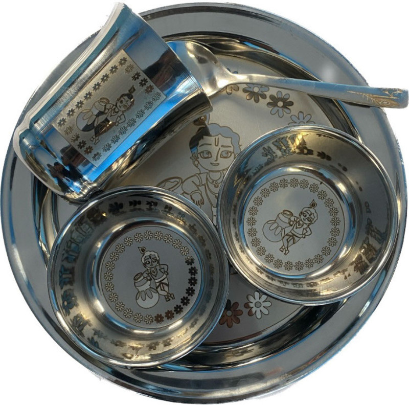 Little Me Pack of 5 Stainless Steel Krishna Printed Stainles Steel Dinner/Bhog Set Dinner Set(Silver)
