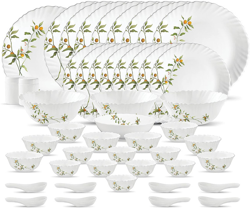 LAOPALA Pack of 46 Opalware Novo Collection Vivid Greens Dinner Set(White, Green, Orange, Microwave Safe)