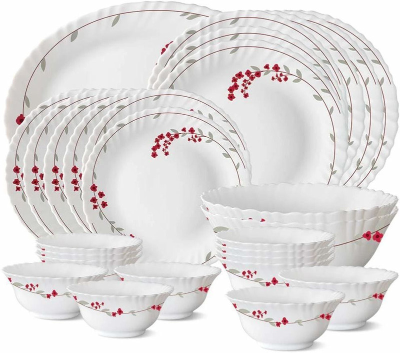 Larah by Borosil Pack of 13 Opalware Dinner Set(Green, Microwave Safe)