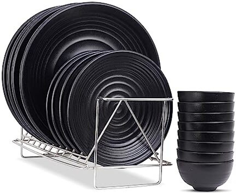 TREANDCARD Melamin Melamine Dinner Set Black Spiral Set of 16 pcs Dinner Set(Black)