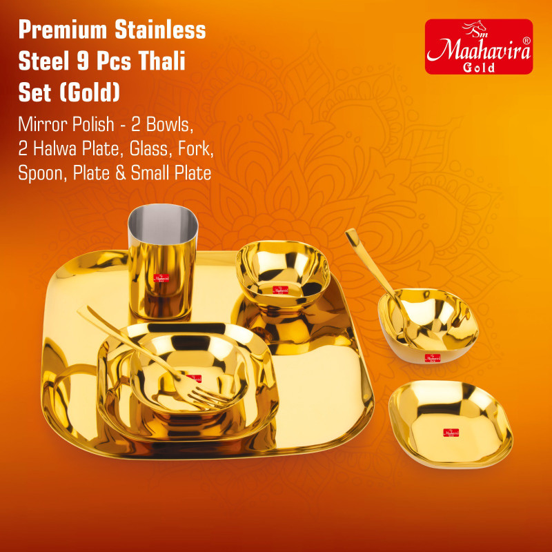 Maahavira Gold Pack of 9 Stainless Steel Square Stainless Steel Gold Coating Dinnerware Set Dinner Set(Gold)