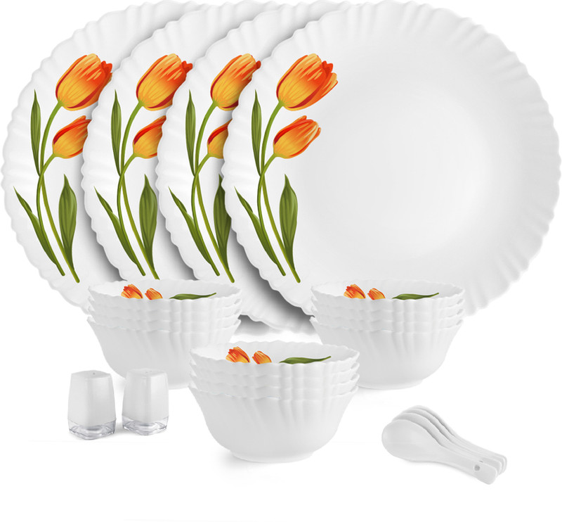 cello Pack of 22 Opalware Dazzle Series Spring Tulip Crockery Set |Dishwasher Safe| Light-Weight Dinner Set(Yellow, Microwave Safe)