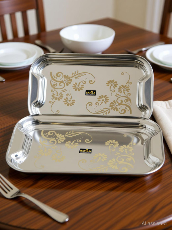RAMILA Pack of 2 Steel Dinner set tray Serving tray Dinner Set(Silver)