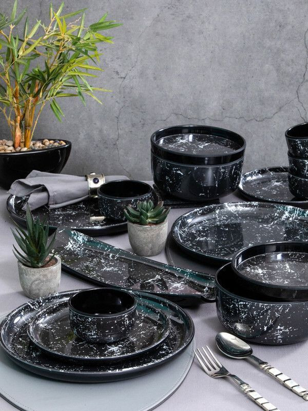 Servewell Pack of 23 Melamin Dome Dinner Set - Drizzle Dinner Set(Black)
