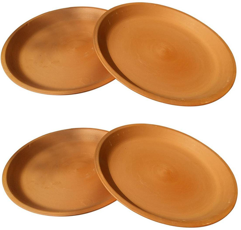 THE HIMALAYA CRAFT Clay Plates Dinner Plate 8 inch Pack of 4 Dinner Plate(Pack of 4, Microwave Safe)
