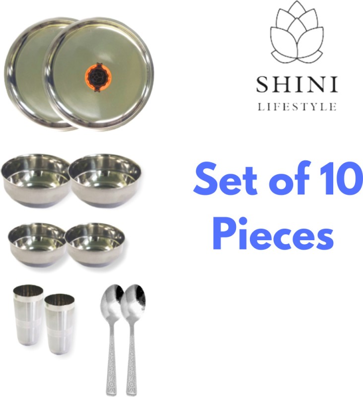 SHINI LIFESTYLE Pack of 10 Stainless Steel Family dinner Kitchenware H0me essentials Steel Dinner Set, Glass, Spoon Katoris Dinner Set(Silver)