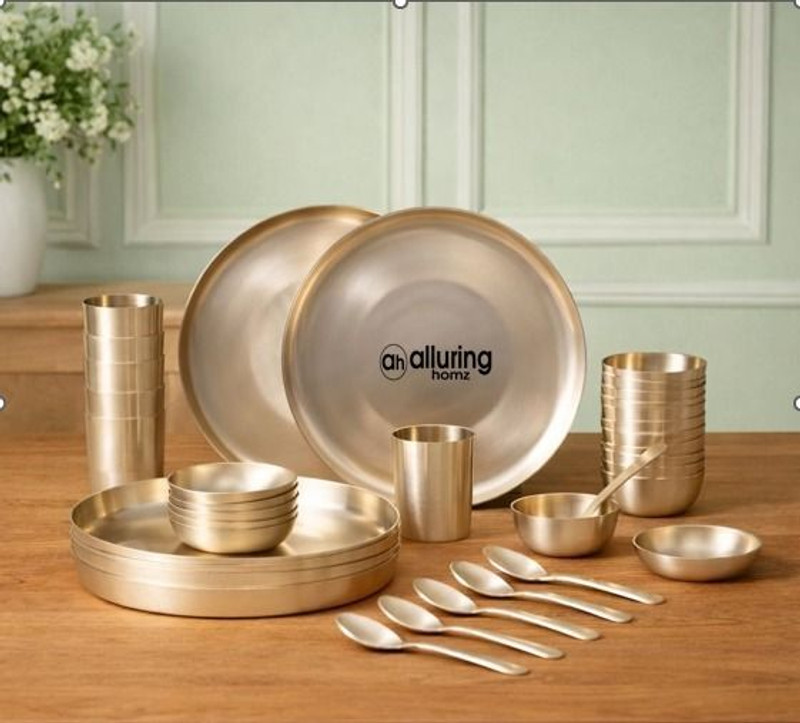 Alluring Homz Pack of 6 Bronze Bronze/Kansa Dinner Set(36 Pcs )Pure Bronze Thali Set 6 Person Complete Dining Dinner Set(Gold)