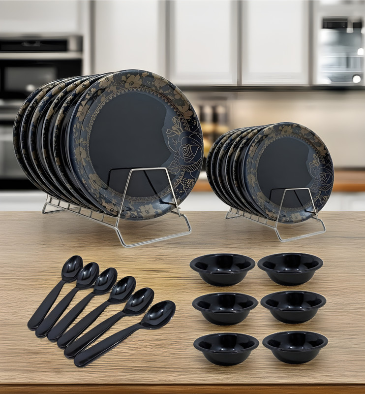 Kitchrox Pack of 24 Melamin Printed Round Dinner Set- 6 Full Plates, 6 Half Plates, 6 Bowls & 6 Spoons Dinner Set(Black)