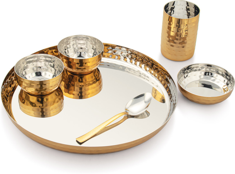 SILVERGLOW Pack of 6 Stainless Steel Hammered Dinner Set|Gold Finished set of 6|Perfect Gifting & tableware Dinner Set(Gold)