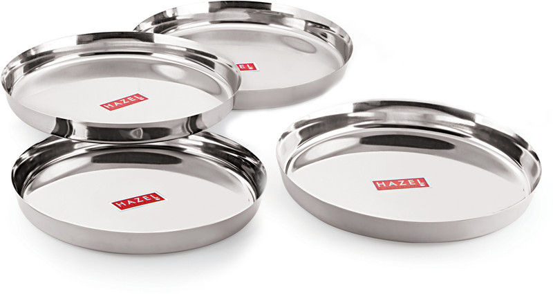 HAZEL Pack of 4 Stainless Steel Stainless Steel Plates Set Mirror Finish Thali Heavy Gauge Plate Set of 4, 28 cm Dinner Set(Silver)
