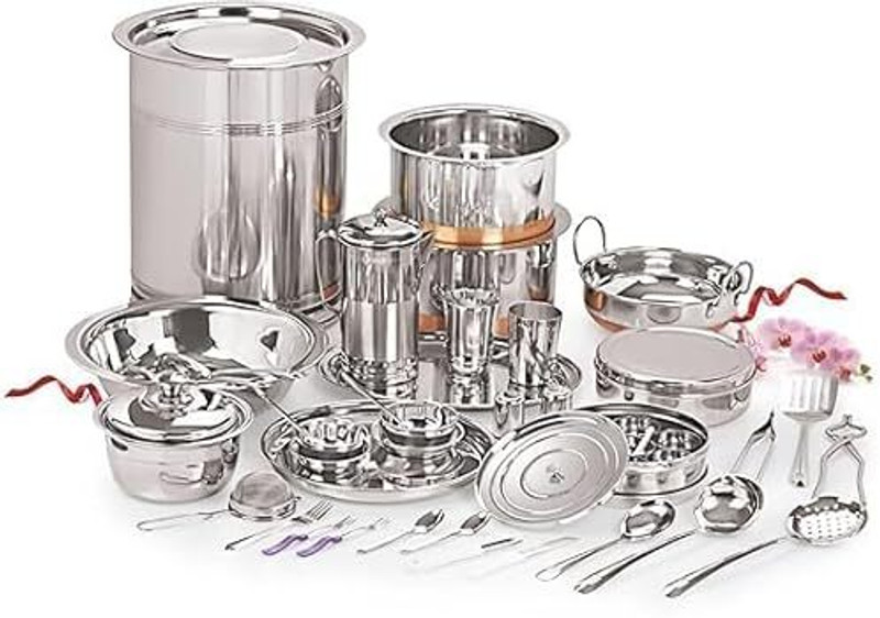Tannu Craft Pack of 101 Stainless Steel Wedding Set for Gift Combo Pack 101 psc Dinner Sets Dinner Set(Silver)