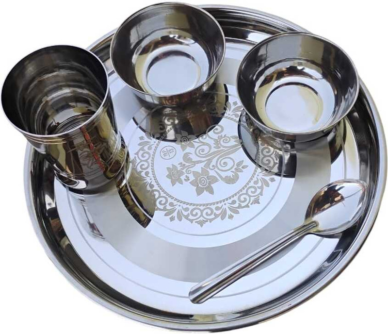 Lalit Pack of 5 Stainless Steel Stanless Steel Bhojan Thali / Dinner Plate Dinner Set(Steel, Microwave Safe)