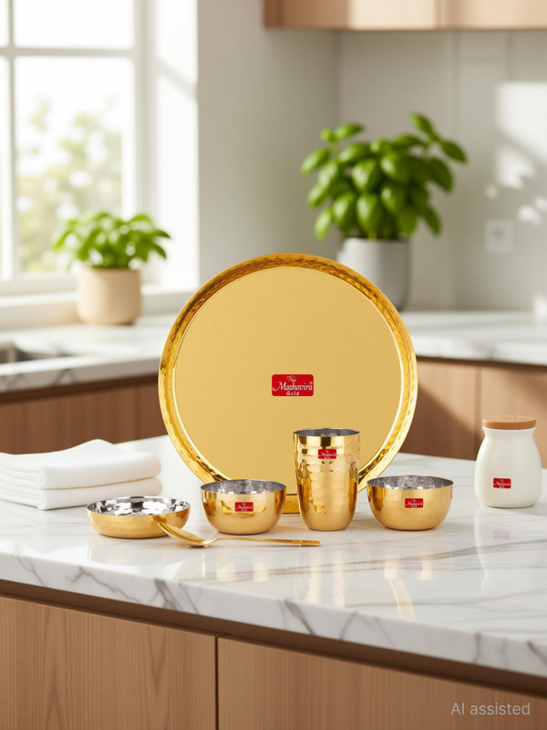 Maahavira Gold Pack of 6 Stainless Steel Gold Round Gold PVD Luxury Solid Dinnerware Set, Food Grade, Used for Home Dinner Set(Gold)