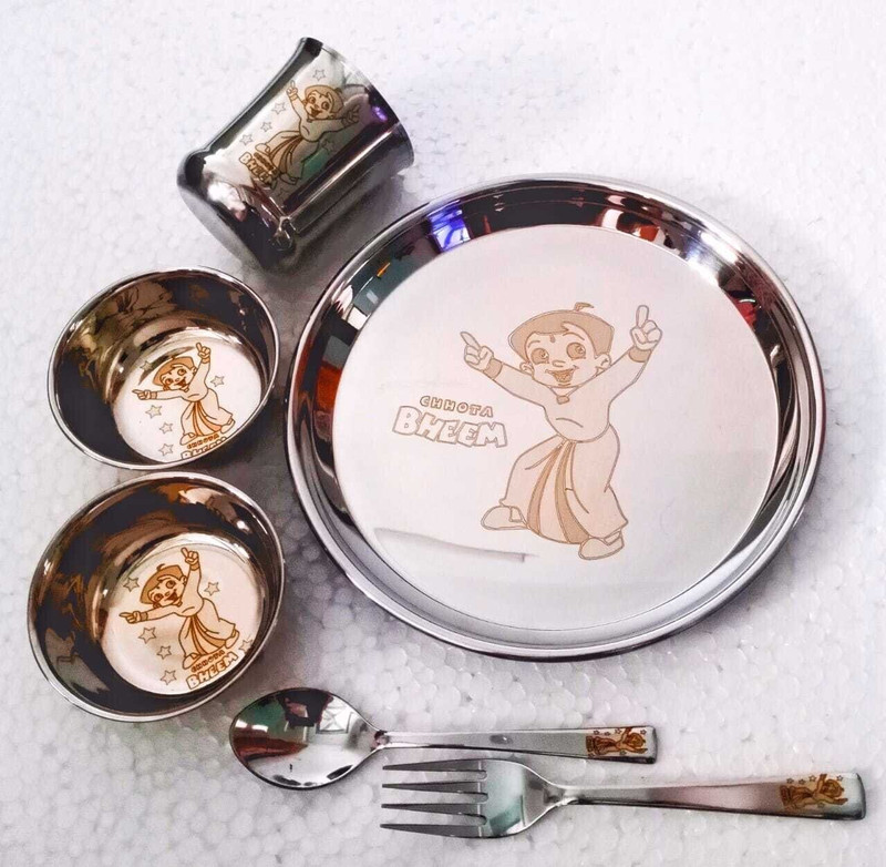 Swarn Bhumi Pack of 6 Steel "The Super Chhota bheem permanent laser print dinner set for kids " Dinner Set(Steel)