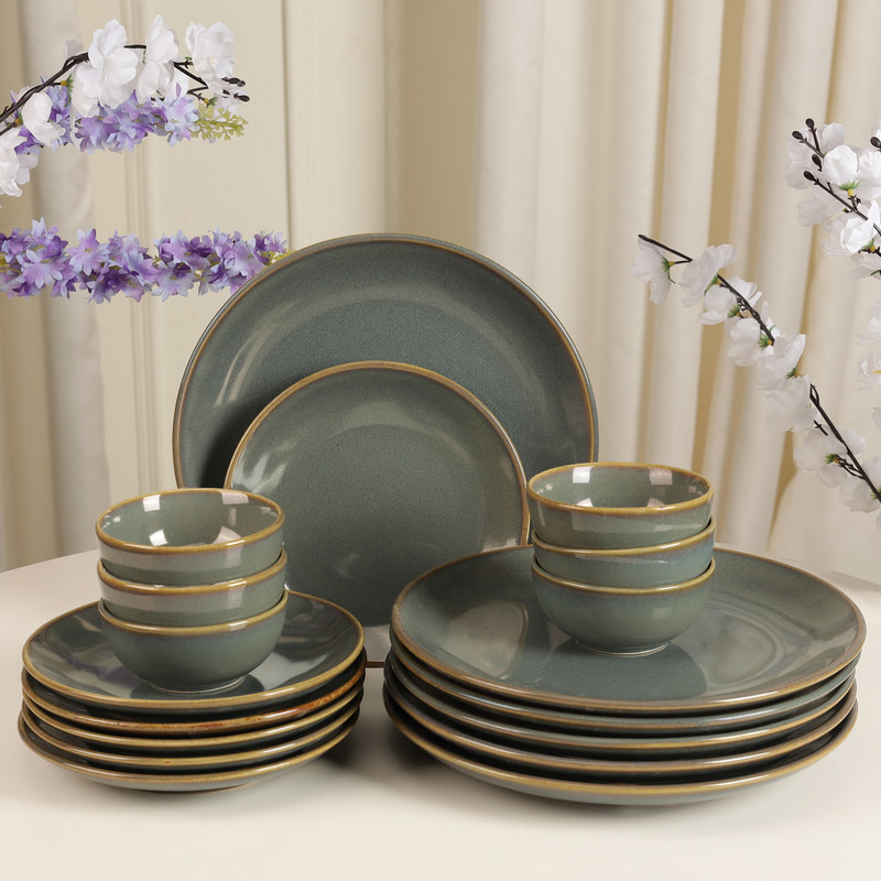 THE WHITE SPACE LIVING Pack of 18 Ceramic 'Olive Green' Handcrafted Stoneware Reactive Glaze Ceramic Dinner Set, 18 Pieces Dinner Set(Green, Microwave Safe)